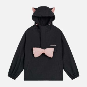 youthful cat ear hoodie with bow tie   quirky & chic 5720