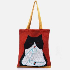 youthful cat graphic knit bag   urban & quirky design 3752