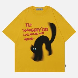 youthful cat print tee with blurring design aesthetic 3709
