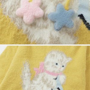 youthful cat star hoodie knit design urban chic 5174
