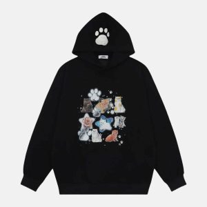 youthful cats print hoodie graphic & urban style 6202