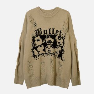 youthful character graphic sweater with edgy holes 1086