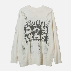 youthful character graphic sweater with edgy holes 2362