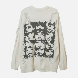 youthful character graphic sweater with edgy holes 3883