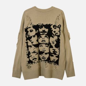 youthful character graphic sweater with edgy holes 6829