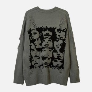 youthful character graphic sweater with edgy holes 8068