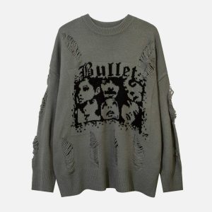 youthful character graphic sweater with edgy holes 8092