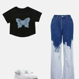 youthful color matching loose jeans   streetwear staple 3186