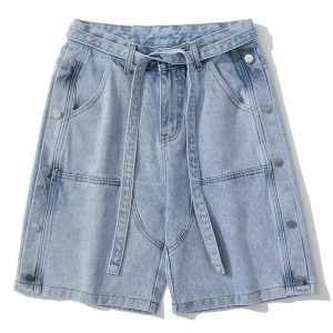 youthful denim shorts with side button straps   street chic 3581