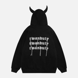youthful devil head hoodie lettered design urban appeal 4123