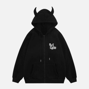 youthful devil head hoodie lettered design urban appeal 6964