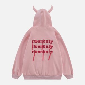youthful devil head hoodie lettered design urban appeal 8339