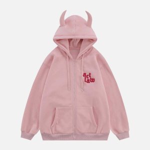 youthful devil head hoodie lettered design urban appeal 8862
