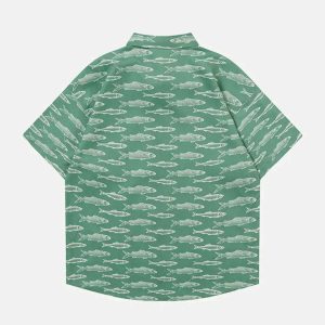youthful fish print shirt short sleeve & trendy design 5138