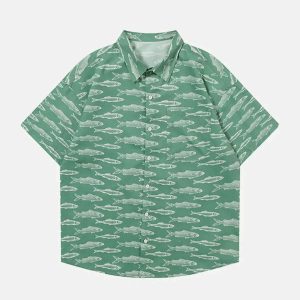 youthful fish print shirt short sleeve & trendy design 5718