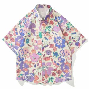 youthful floral short sleeve shirt   trendy & vibrant style 7686