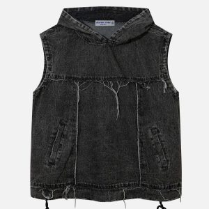 youthful fringe hooded vest in denim wash   urban chic 7945