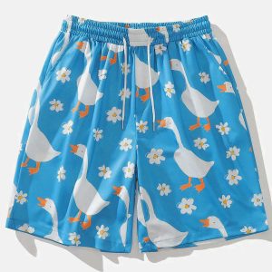 youthful goose & flowers print shorts   streetwear chic 7708