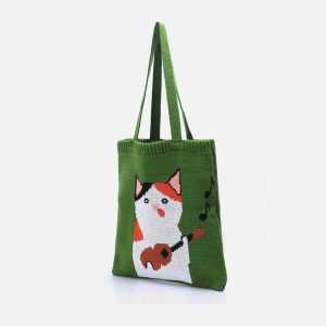 youthful guitar cat graphic knit bag   quirky & crafted design 6428