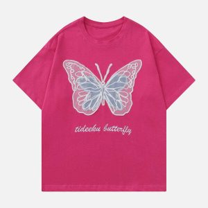youthful hollow mesh tee with butterfly patch urban chic 4321