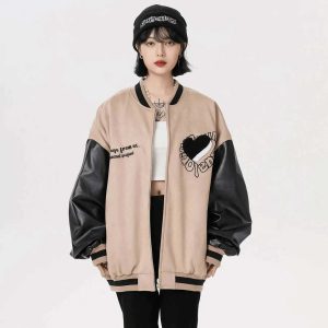 youthful khaki jacket with heart embroidery urban chic 4071