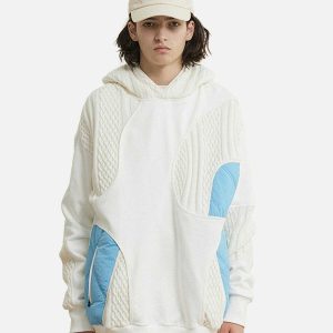 youthful knit patchwork hoodie   chic urban streetwear 6470