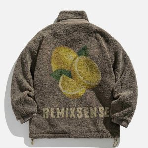 youthful lemon graphic sherpa coat   vibrant & cozy style 1878