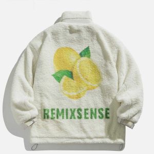 youthful lemon graphic sherpa coat   vibrant & cozy style 7044