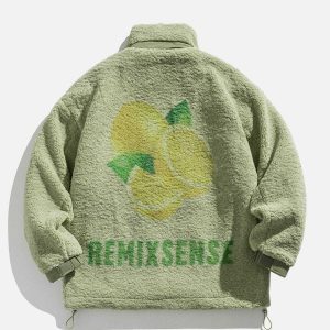 youthful lemon graphic sherpa coat   vibrant & cozy style 7635