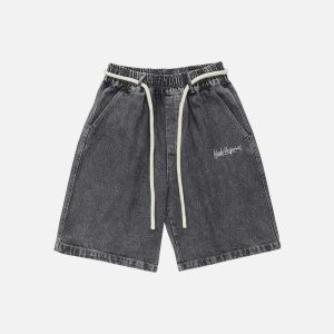 youthful letter embroidered jorts   chic urban appeal 2832