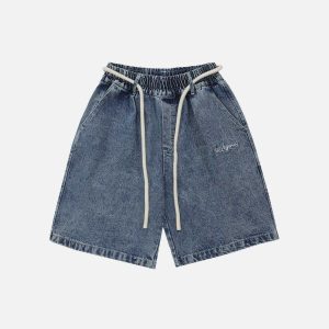 youthful letter embroidered jorts   chic urban appeal 7938