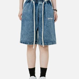 youthful letter embroidered jorts   chic urban appeal 8538