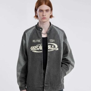 youthful letter patchwork jacket washed urban look 2337