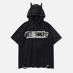 youthful letter print ripped hoodie tee dynamic streetwear 5540