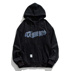 youthful letter print zip hoodie dynamic urban style 7987