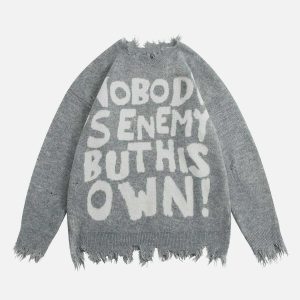 youthful letters ripped sweater bold urban appeal 6601