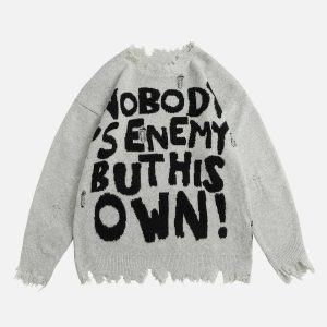 youthful letters ripped sweater bold urban appeal 7395