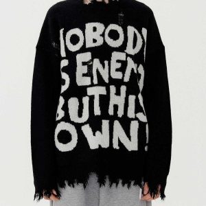 youthful letters ripped sweater bold urban appeal 7693