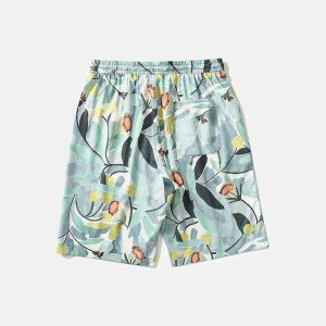 youthful lotus print beach shorts   vibrant summer style 3418