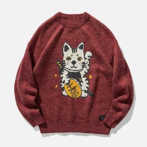 youthful lucky cat knit sweater   quirky & cozy style 2971