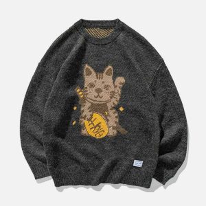 youthful lucky cat knit sweater   quirky & cozy style 3647