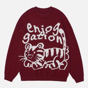 youthful lying tiger sweater knit design urban appeal 8159