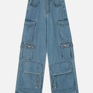 youthful multi pocket cargo jeans   trendy urban fit 3730