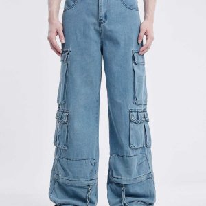 youthful multi pocket cargo jeans   trendy urban fit 3979
