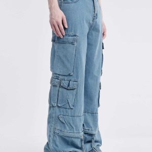 youthful multi pocket cargo jeans   trendy urban fit 5159