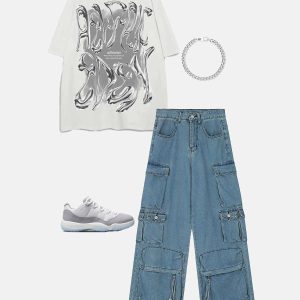 youthful multi pocket cargo jeans   trendy urban fit 8734