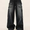 youthful multi pocket washed jeans   urban chic design 1088