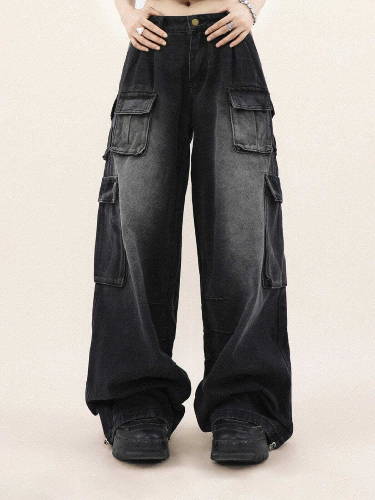 youthful multi pocket washed jeans   urban chic design 1088