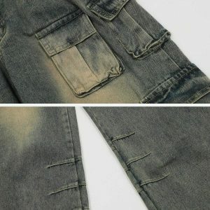 youthful multi pocket washed jeans   urban chic design 3524