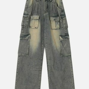 youthful multi pocket washed jeans   urban chic design 6695